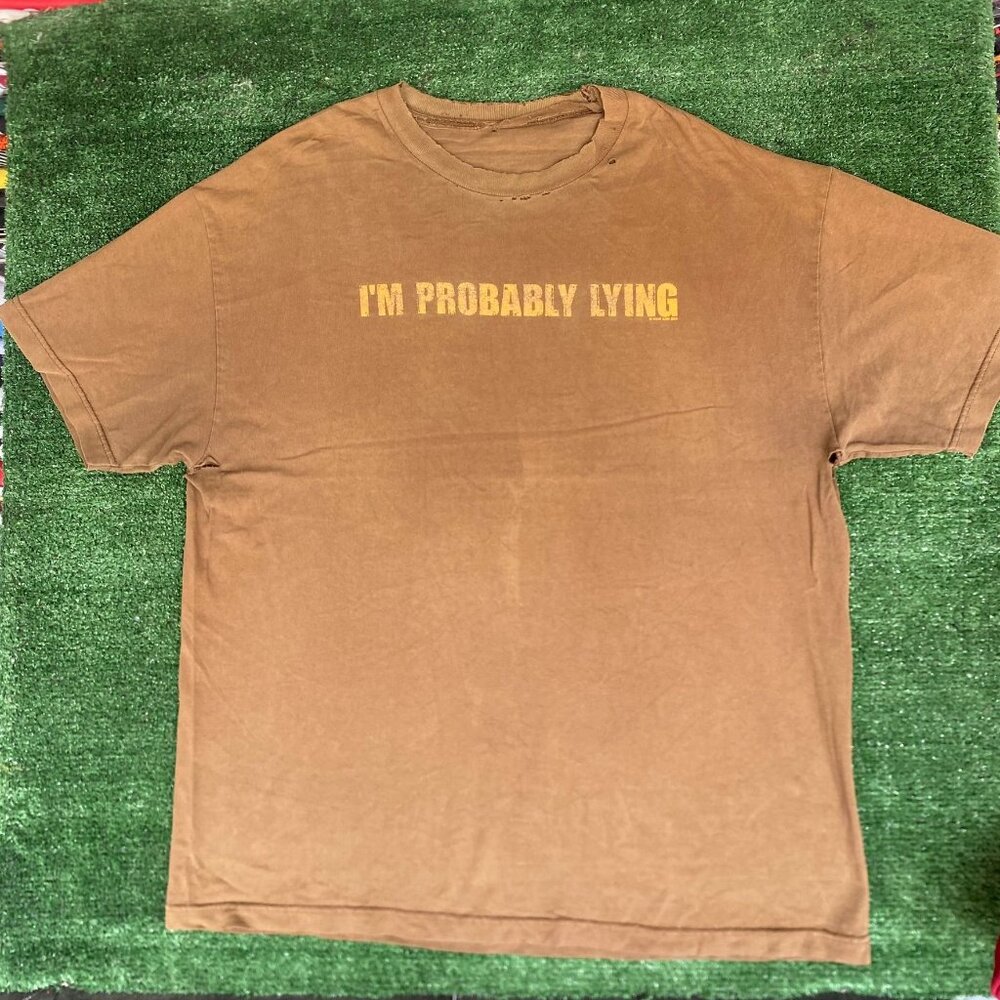 Vintage Y2K Probably Lying Quote T-Shirt Brown XL Funny AAA Distressed Grunge